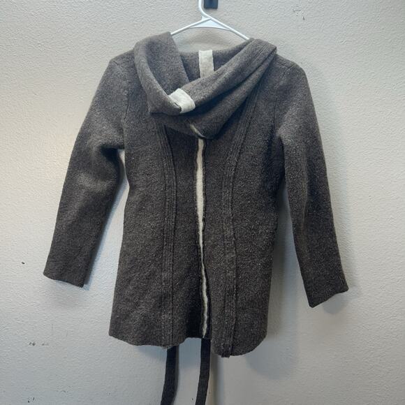 Anthropologie Rosie Neira Brown 100% Wool Cardigan XXS Petite Tie Waist Hooded - Picture 6 of 7